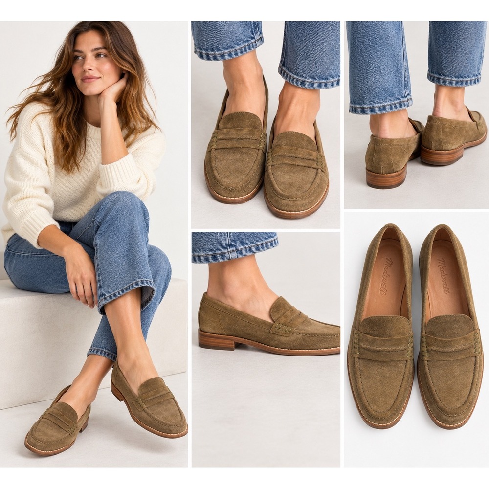 Madewell F5094 Womens 7.5 Suede Penny Loafers Olive Brown Leather Sole